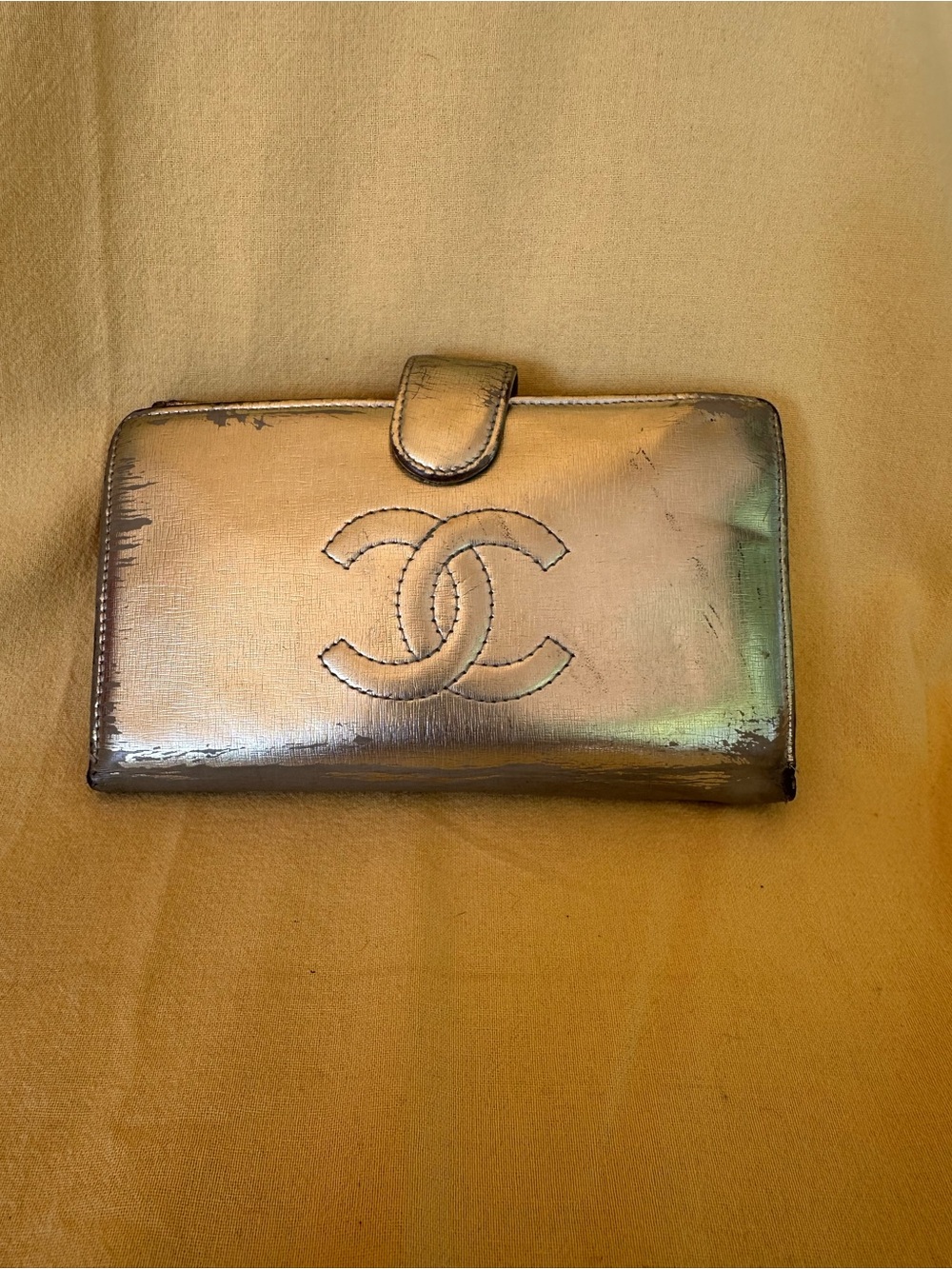 CHANEL Metallic Silver Leather CC Long Wallet Kiss Lock For Restoration